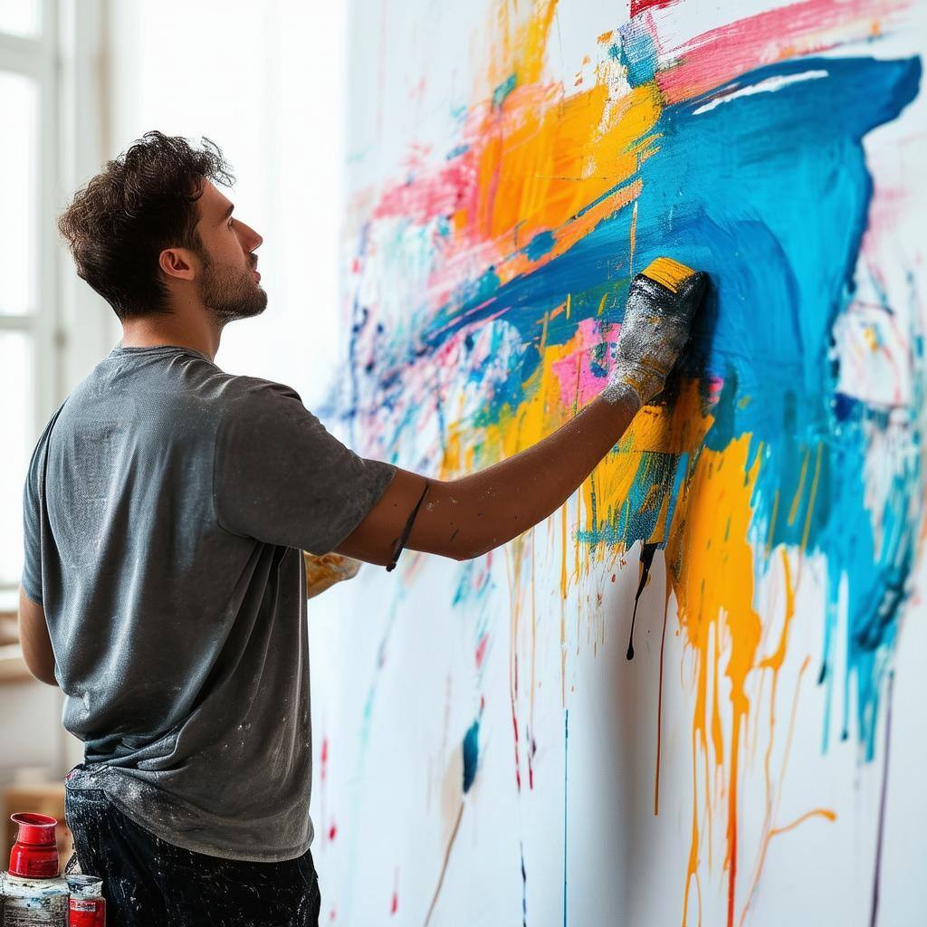 25 yearold man with limited hand mobility painting on a large white wall in an abstract way-1