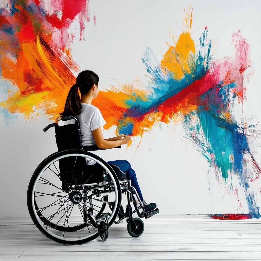32 yearold woman in a wheel chair painting on a large white wall in an abstract way-1