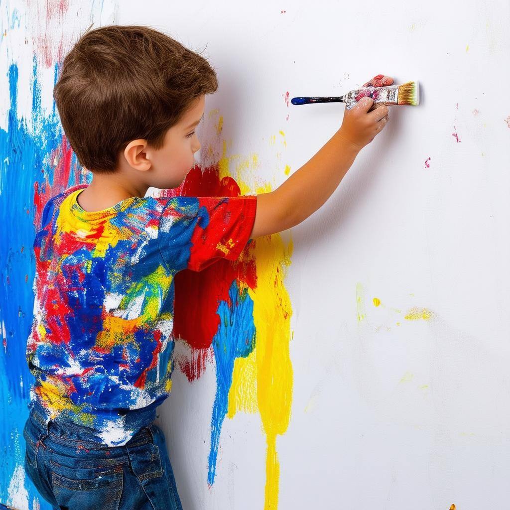 6yearold boy with autism painting on a large white wall in an abstract way-2