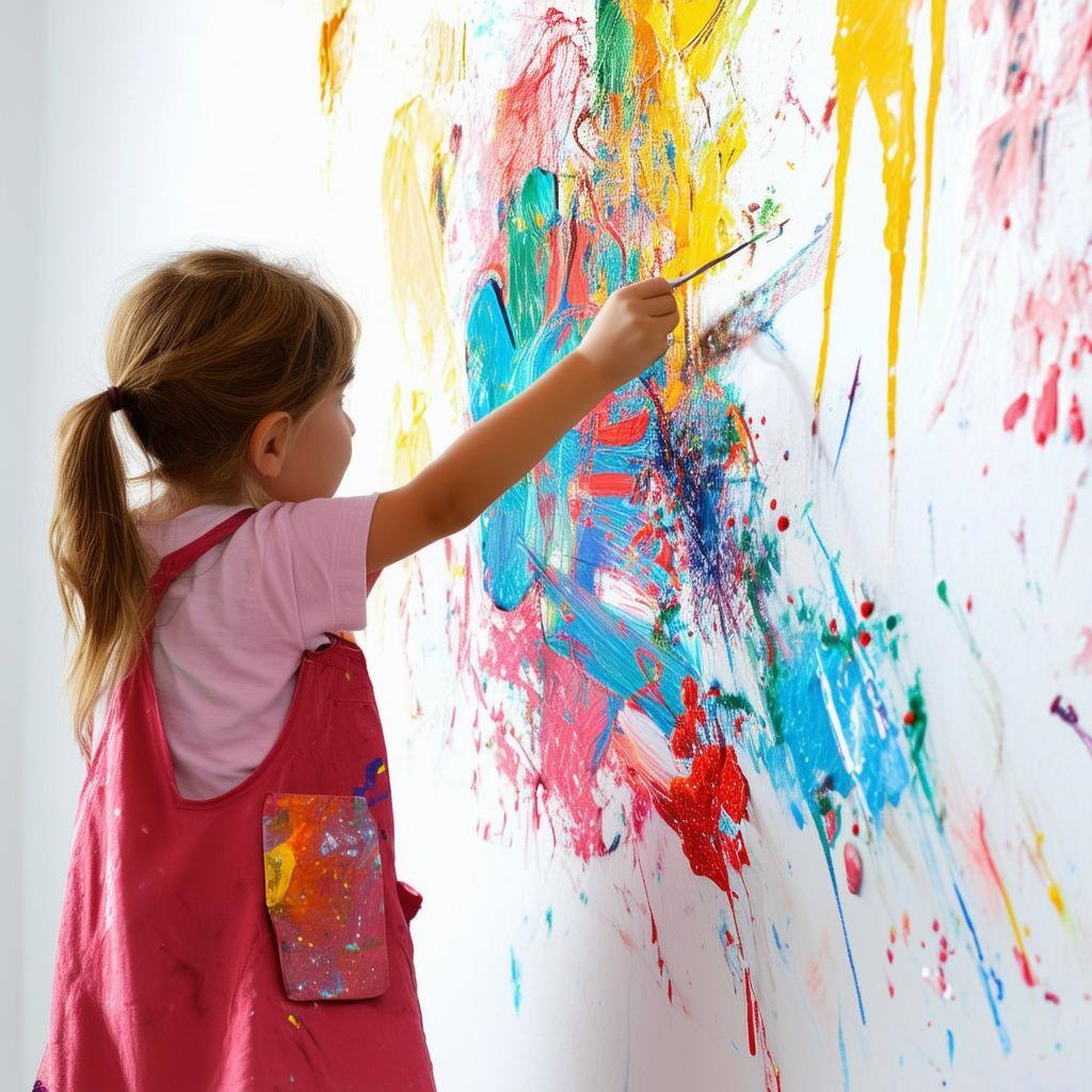 8yearold girl with cerebral palsy painting on a large white wall in an abstract way